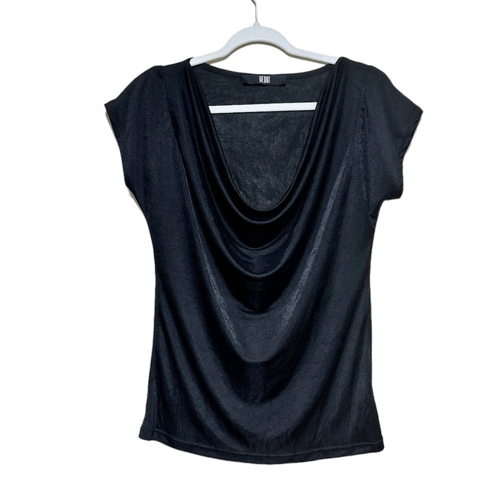EUC Bedo Femme Black Light Wrinkle Free Drape Collar Shinny Cowl Neck Top Large